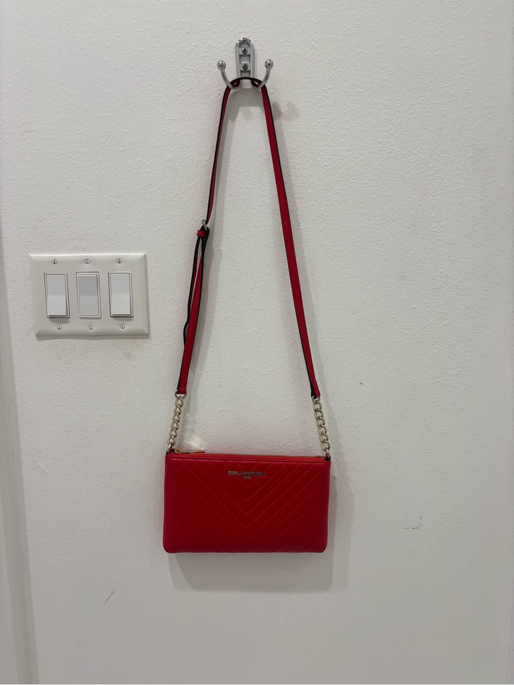Karl Lagerfeld Red Quilted Crossbody Bag with Gold Chain